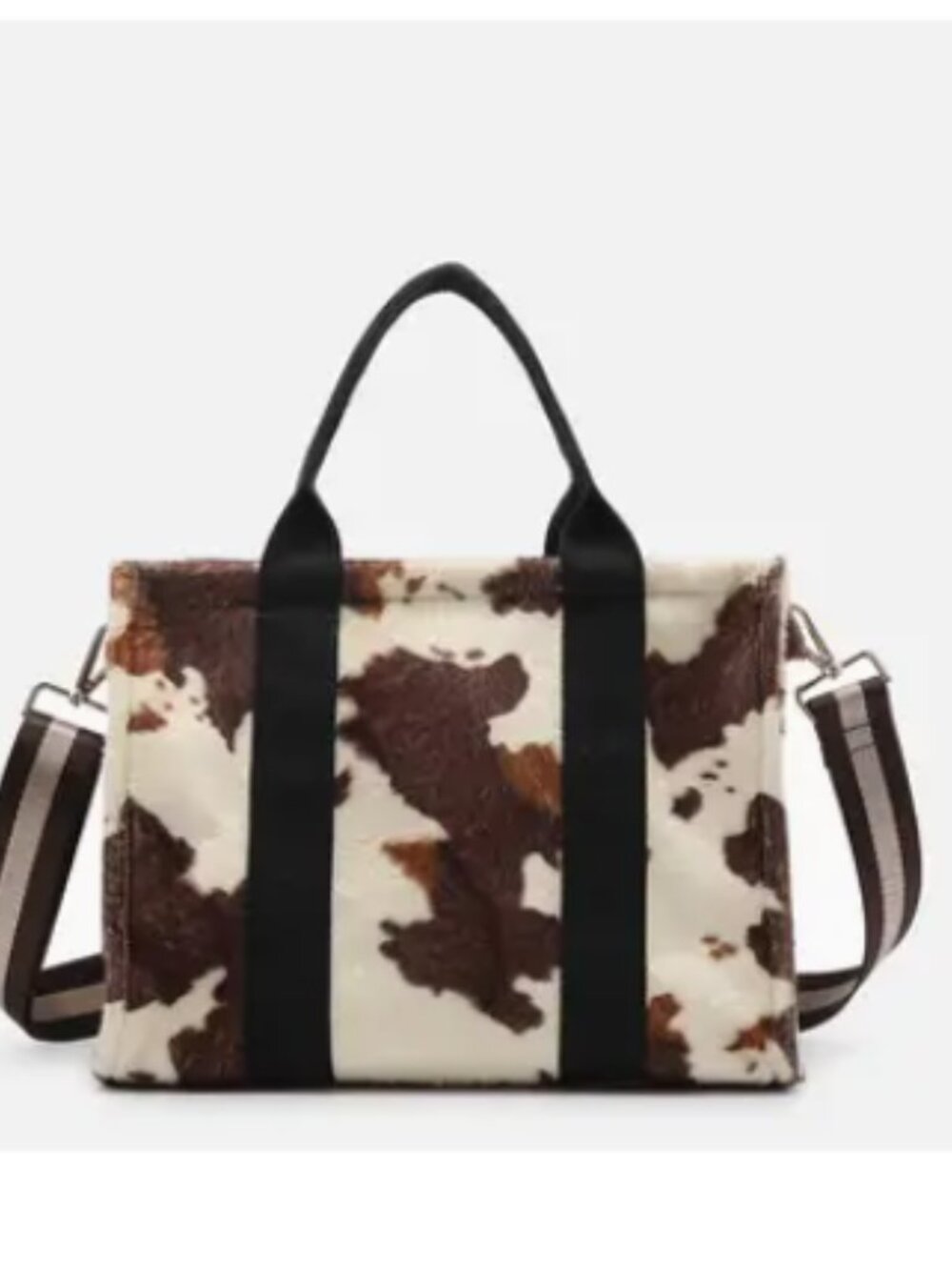 Jen & CO Cow Print Faux Fur Satchel Bag in Cream and Brown